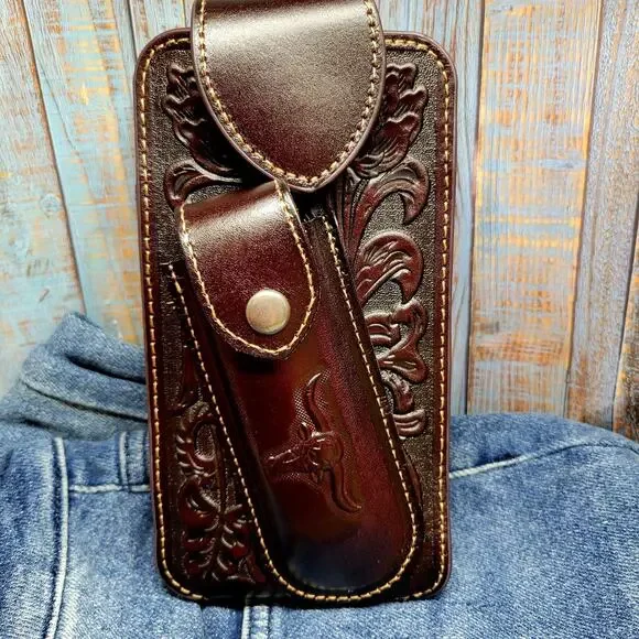 Longhorn Leather Phone Holstor With Knife Sheath & Belt Clip Sz LARGE 7x4